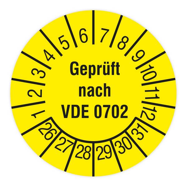 Prüfplakette, Geprüft nach VDE 0702, 2026 - 2031, Dokumentenfolie, Ø 15 mm, Heft