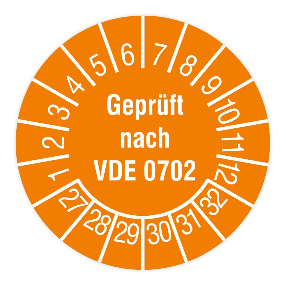 Prüfplakette, Geprüft nach VDE 0702, 2027 - 2032, Dokumentenfolie, Ø 15 mm, Heft-0