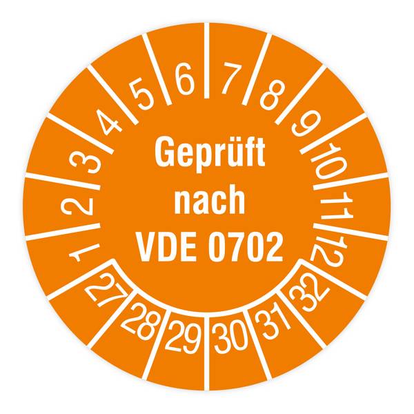 Prüfplakette, Geprüft nach VDE 0702, 2027 - 2032, Dokumentenfolie, Ø 15 mm, Heft
