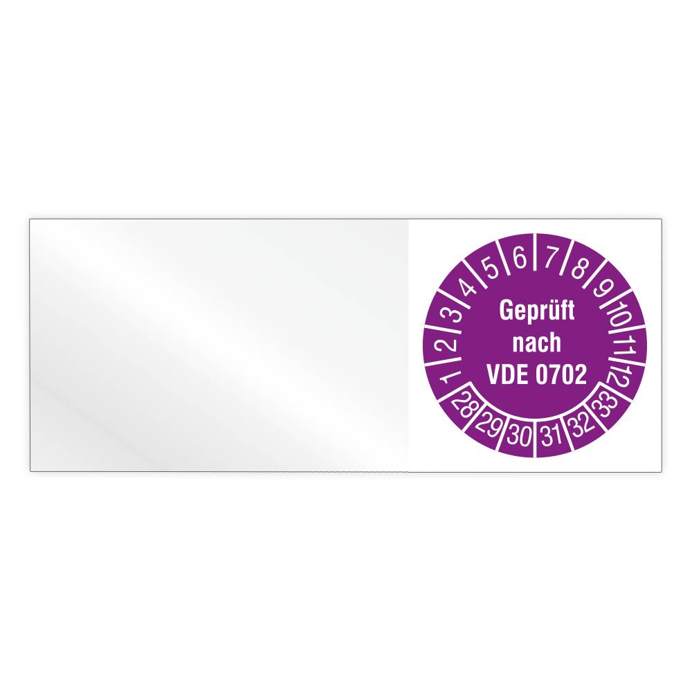 Kabelprüfplakette, Geprüft nach VDE 0702, Jahr 2028 - 2033, Vinylfolie, 50 x 20 mm, Heft-0