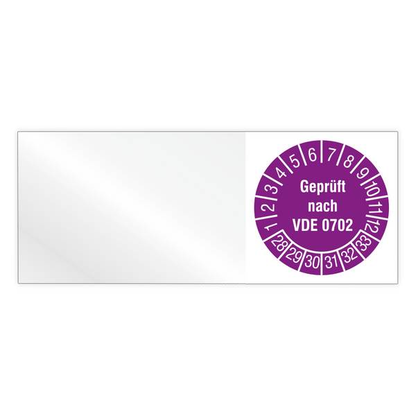 Kabelprüfplakette, Geprüft nach VDE 0702, Jahr 2028 - 2033, Vinylfolie, 50 x 20 mm, Heft