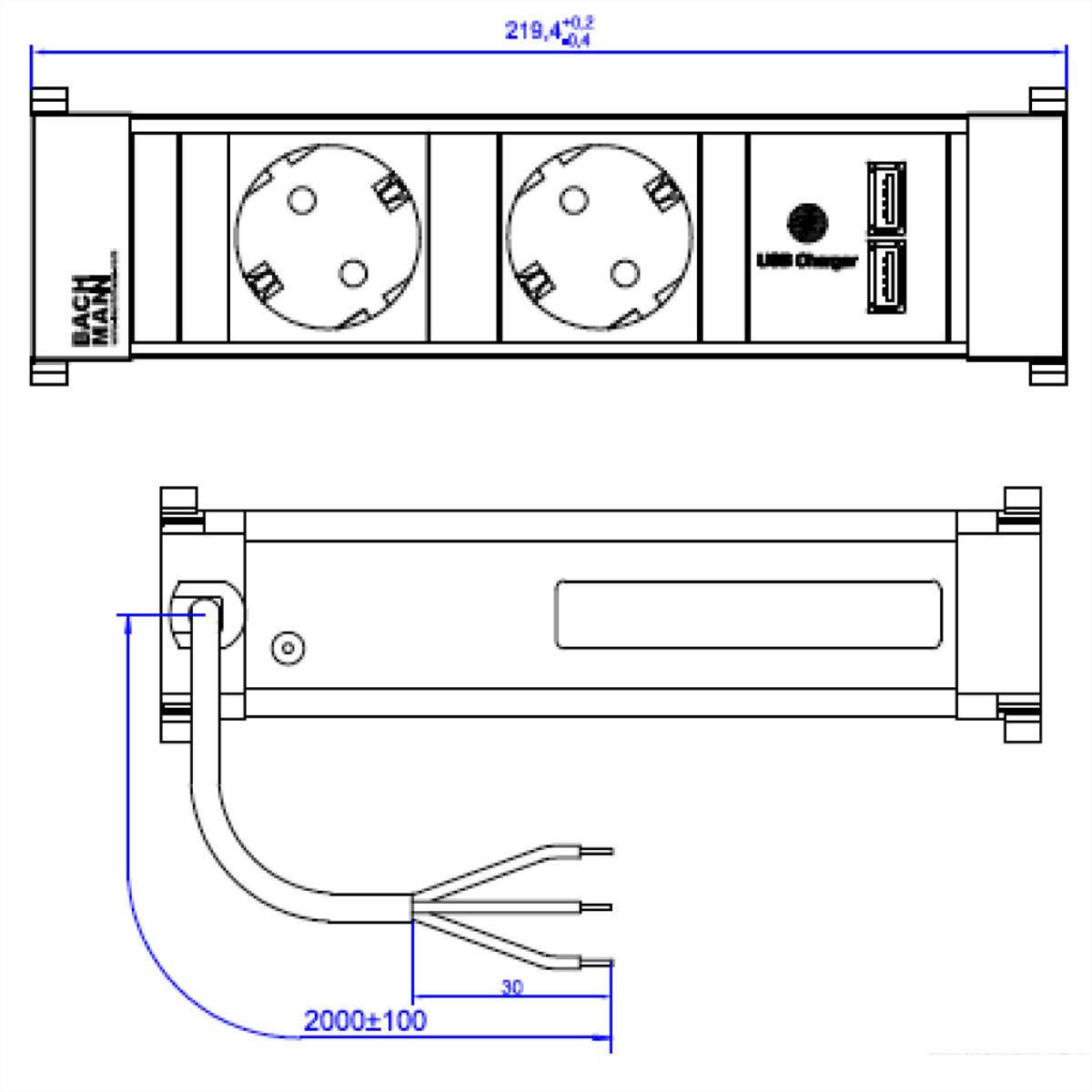 BACHMANN POWER FRAME 2xCEE7/3 USB Chargr, Strom 2,0m AEH-2