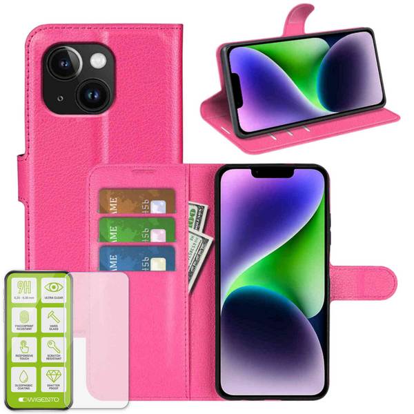 Für Apple iPhone 15 Plus Handy Tasche Pink Etuis Kunst-Leder Hülle Case + H9 Hart Glas