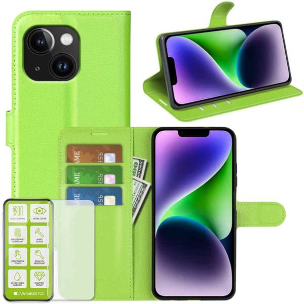 Für Apple iPhone 15 Plus Handy Tasche Grün Etuis Kunst-Leder Hülle Case + H9 Hart Glas