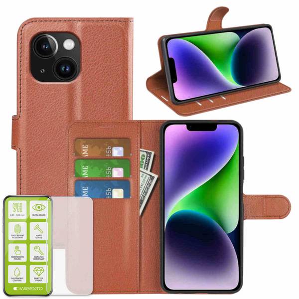 Für Apple iPhone 15 Plus Handy Tasche Braun Etuis Kunst-Leder Hülle Case + H9 Hart Glas