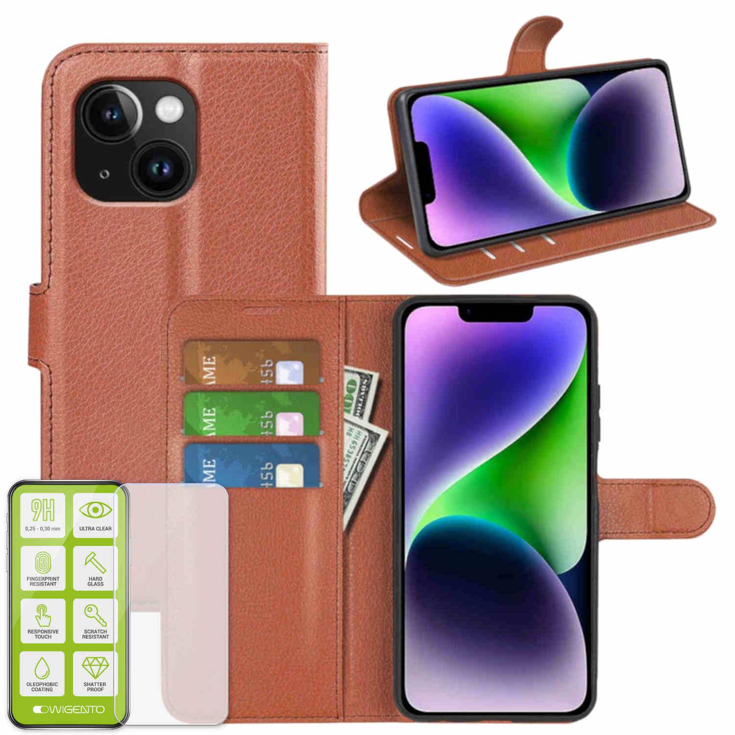 Für Apple iPhone 15 Plus Handy Tasche Braun Etuis Kunst-Leder Hülle Case + H9 Hart Glas-0