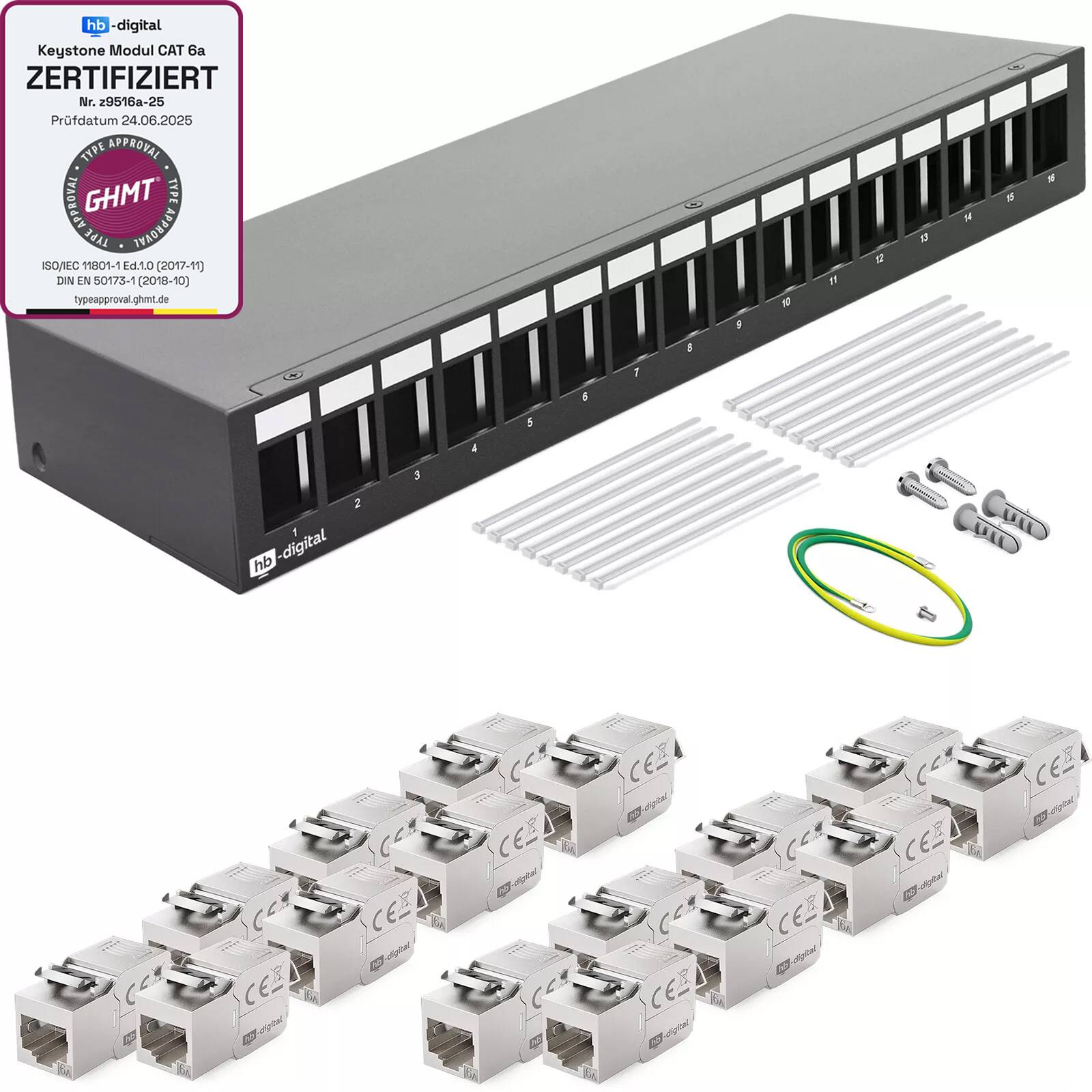 hb-digital Patchfeld 16 Port mit 16 x Keystone Module Cat 6a schwarz-0