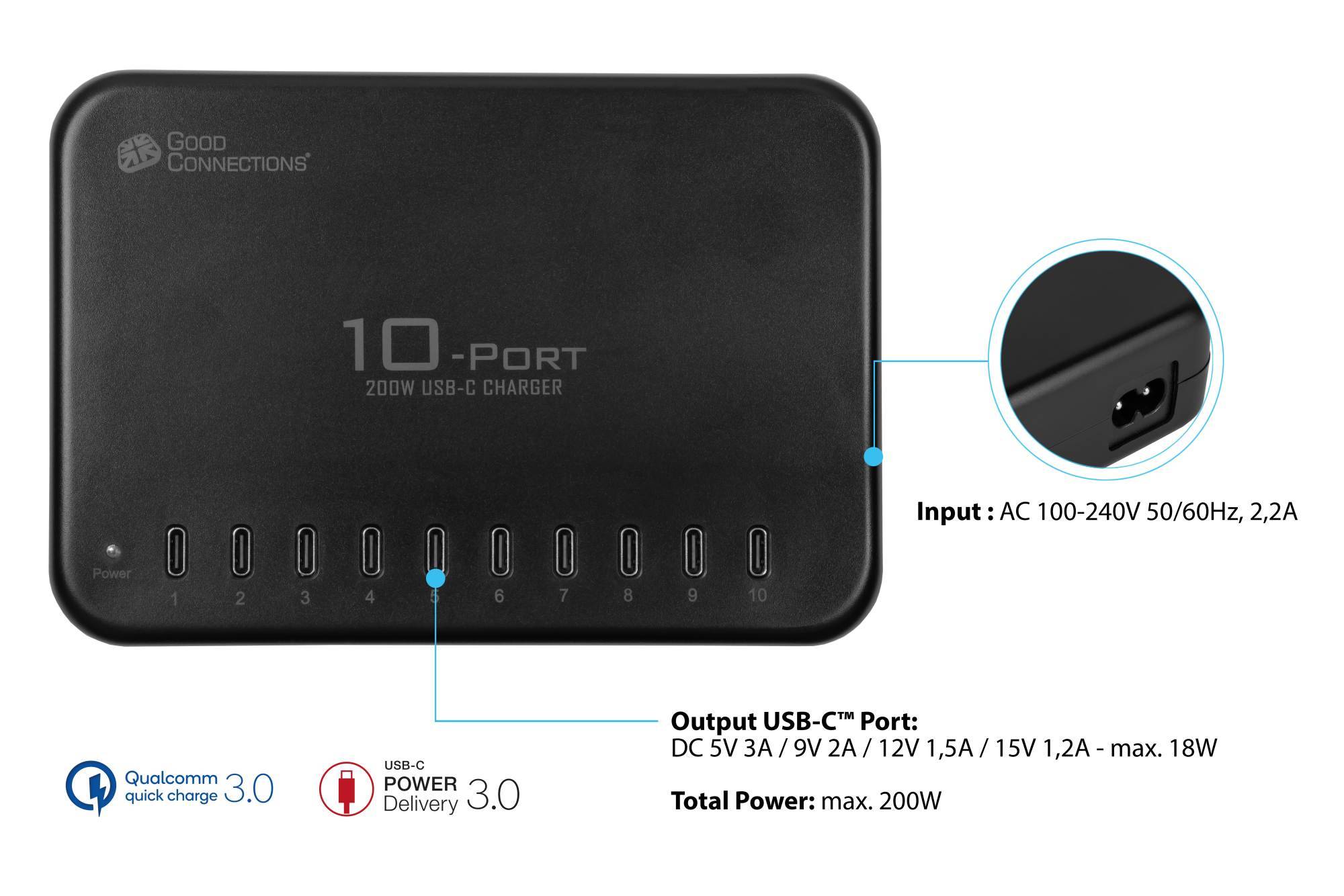 USB-Desktop-Schnellladestation 200W, 10-Port (10x USB-C™), schwarz, Good Connections®-4