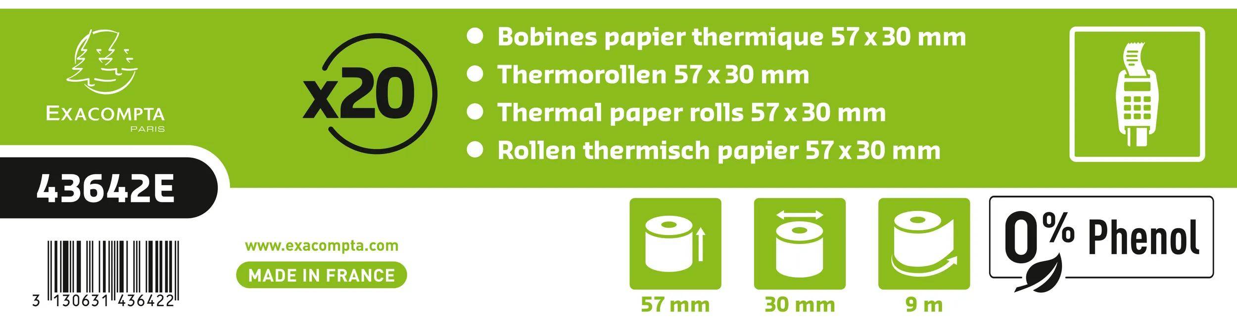 Exacompta 120x Thermorolle für Kartenzahlung 57x30mm 1-lagig 55g/m2 Weiß 43642E-1