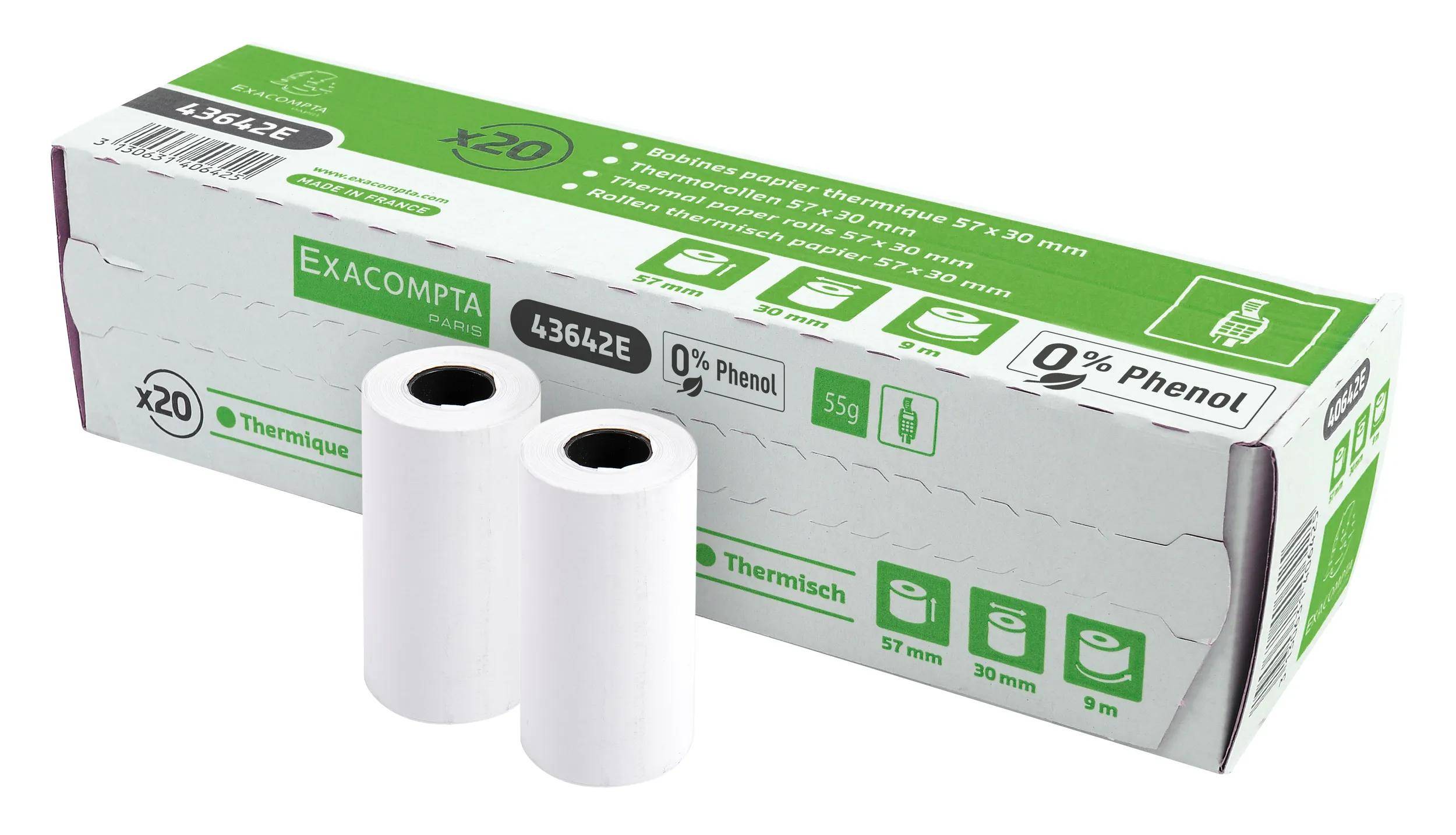 Exacompta 120x Thermorolle für Kartenzahlung 57x30mm 1-lagig 55g/m2 Weiß 43642E-3