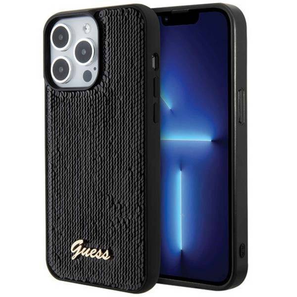 Guess Apple iPhone 15 Pro Schutzhülle Hülle Cover Sequin Script Metal Schwarz