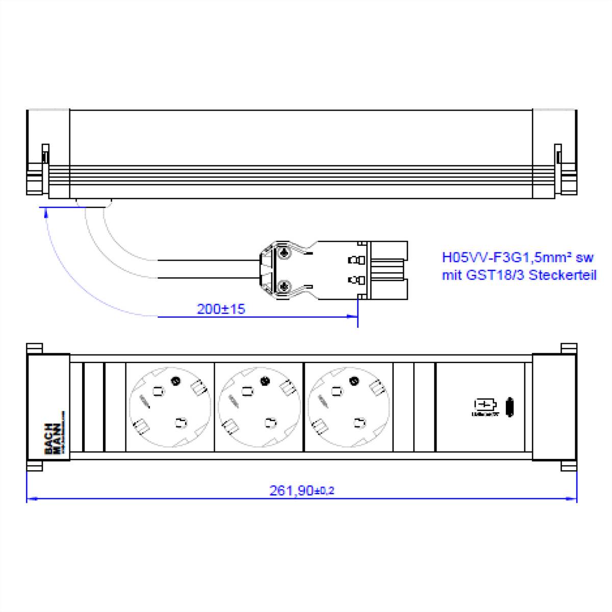BACHMANN POWER FRAME M 3xCEE7/3, 1xUSB C 30W 0,2m GST18-1