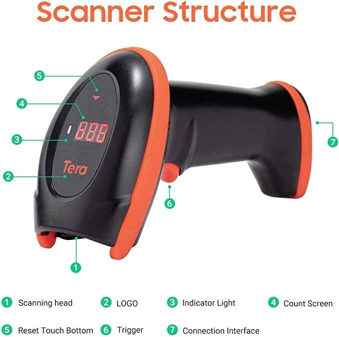Tera Barcode-Scanner Bildsensor 2D 1D QR Wireless 2,4 GHz mit Ladestation USB-Kabel HW0008 Orange-1