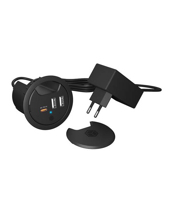 IB-HUB1407 In-Desk 3-Port Charger, 2x USB-A, 1x USB-C, für 60 mm Bohrungen, schwarz