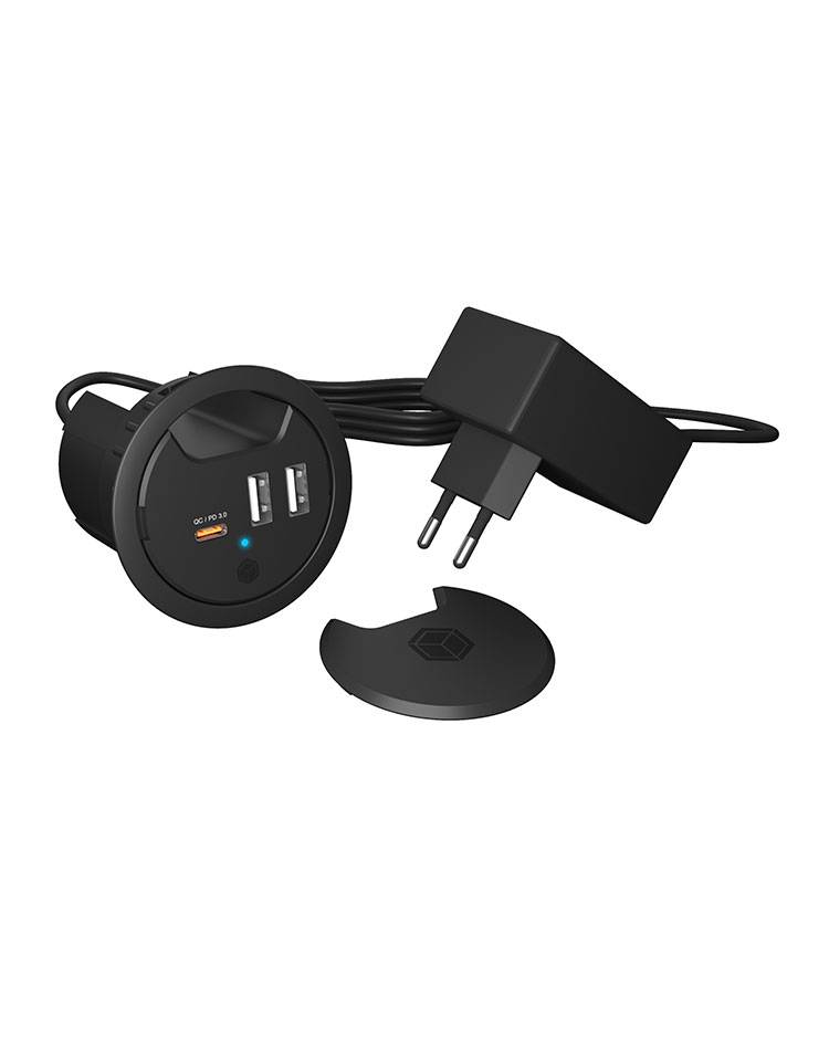 IB-HUB1407 In-Desk 3-Port Charger, 2x USB-A, 1x USB-C, für 60 mm Bohrungen, schwarz-0