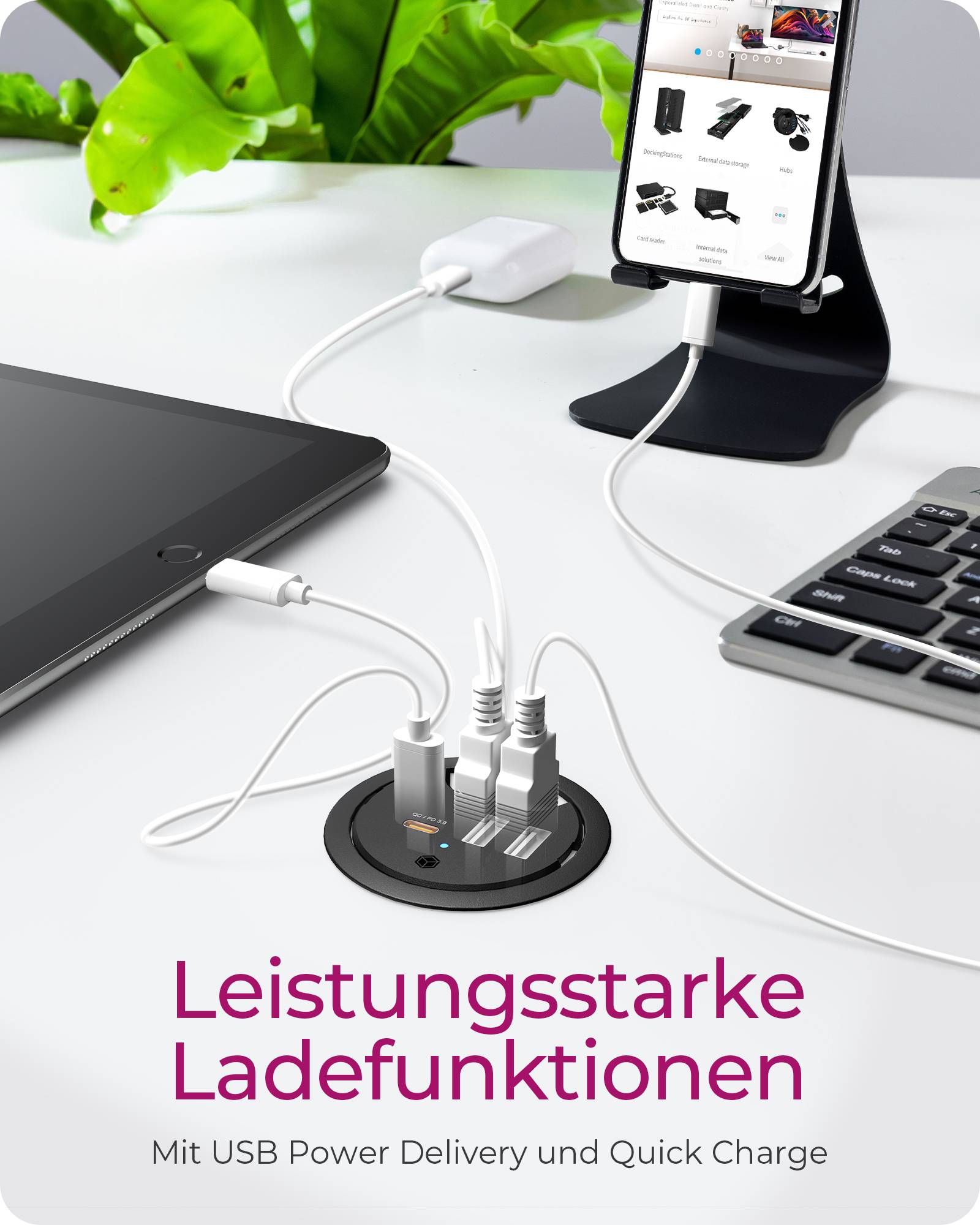 IB-HUB1407 In-Desk 3-Port Charger, 2x USB-A, 1x USB-C, für 60 mm Bohrungen, schwarz-1
