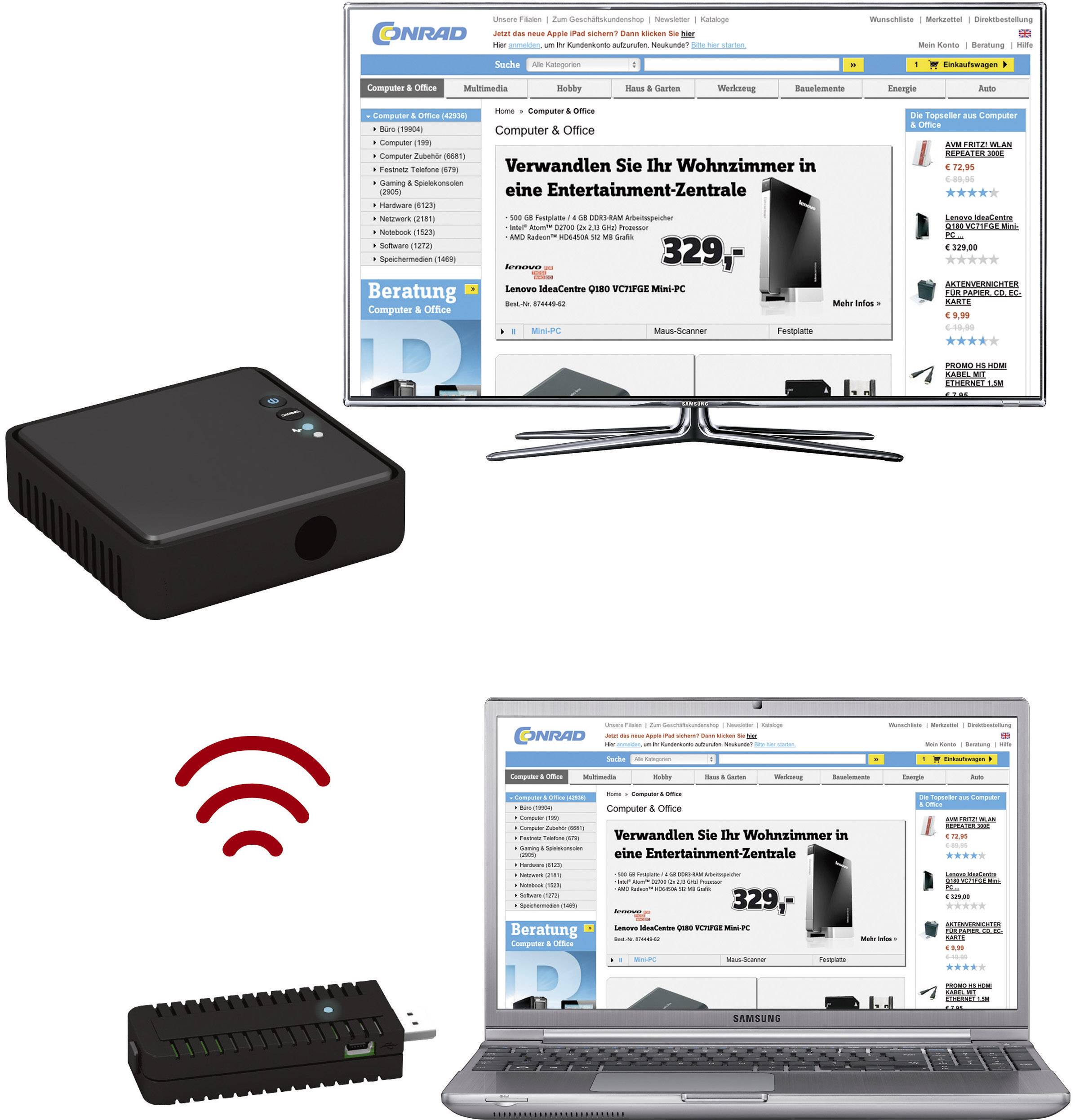 Ein Fernseher und ein Laptop zeigen dieselbe Webseite. Ein drahtloser Adapter verbindet beide Geräte, um Inhalte zu synchronisieren.