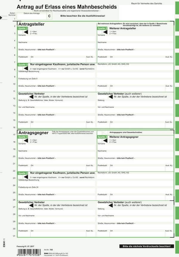 RNK - Mahnbescheid A4 für die maschinelle Bearbeitung - Bürokleinmaterial