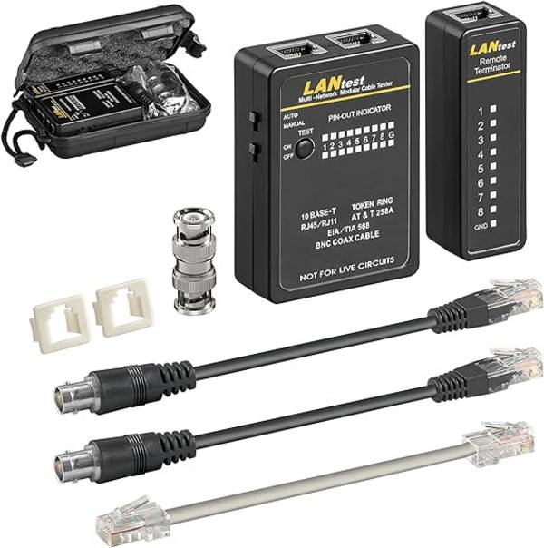 Goobay 93010 Netzwerktester LAN Tester Leitungstester RJ45 RJ11 RJ12 ISDN CAT5 CAT6 BNC Netzwerk Kabeltester Schwarz
