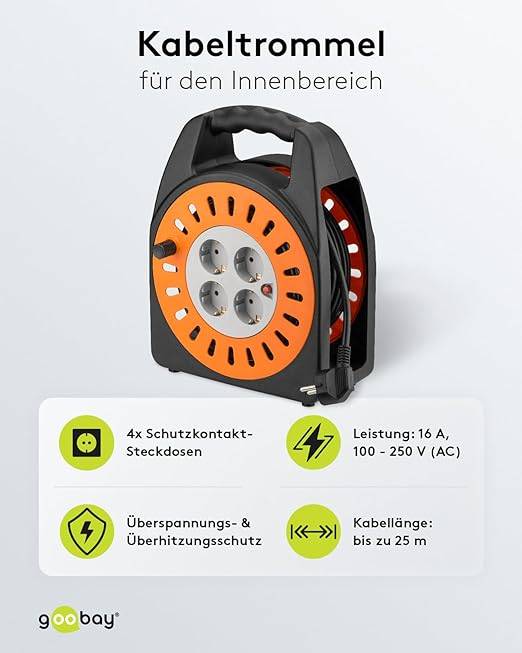 Goobay 71355 Kabeltrommel Kabelbox 4fach Steckdose IP20 Kabelrolle Kabelaufwickler Innenbereich Verlängerungskabel 25m-1