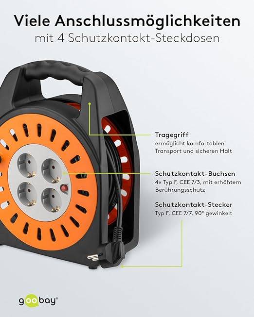 Goobay 71355 Kabeltrommel Kabelbox 4fach Steckdose IP20 Kabelrolle Kabelaufwickler Innenbereich Verlängerungskabel 25m-4