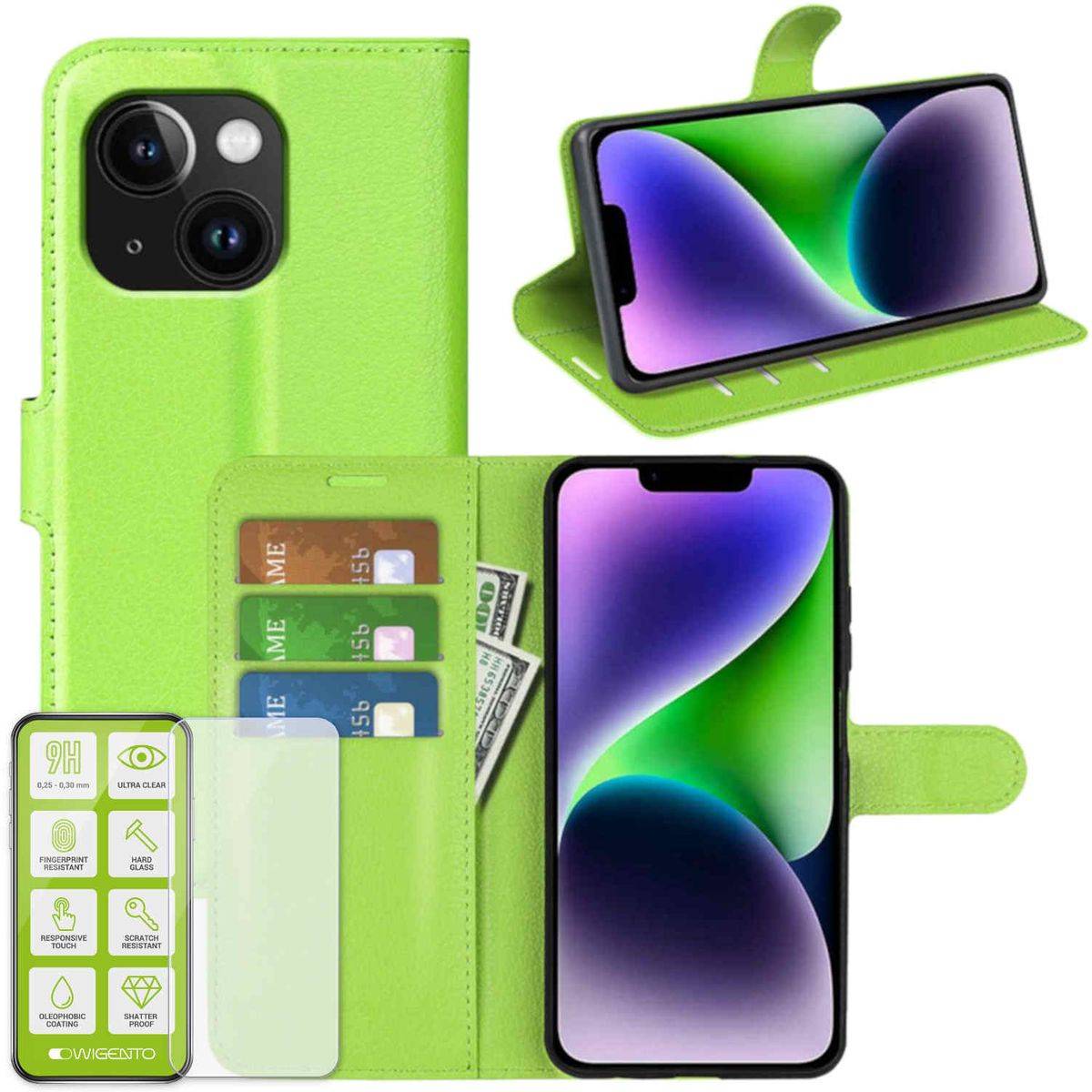 Für Apple iPhone 15 Plus Handy Tasche Grün Etuis Kunst-Leder Hülle Case + H9 Hart Glas-0