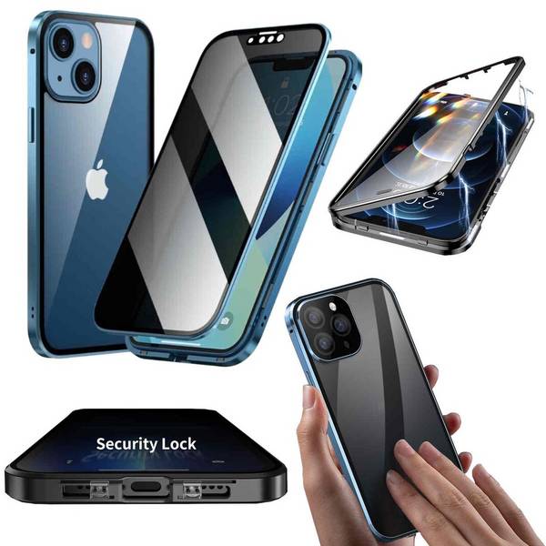Für Apple iPhone 15 Plus Handy Tasche Beidseitiger Magnet Glas Bumper Privacy Case