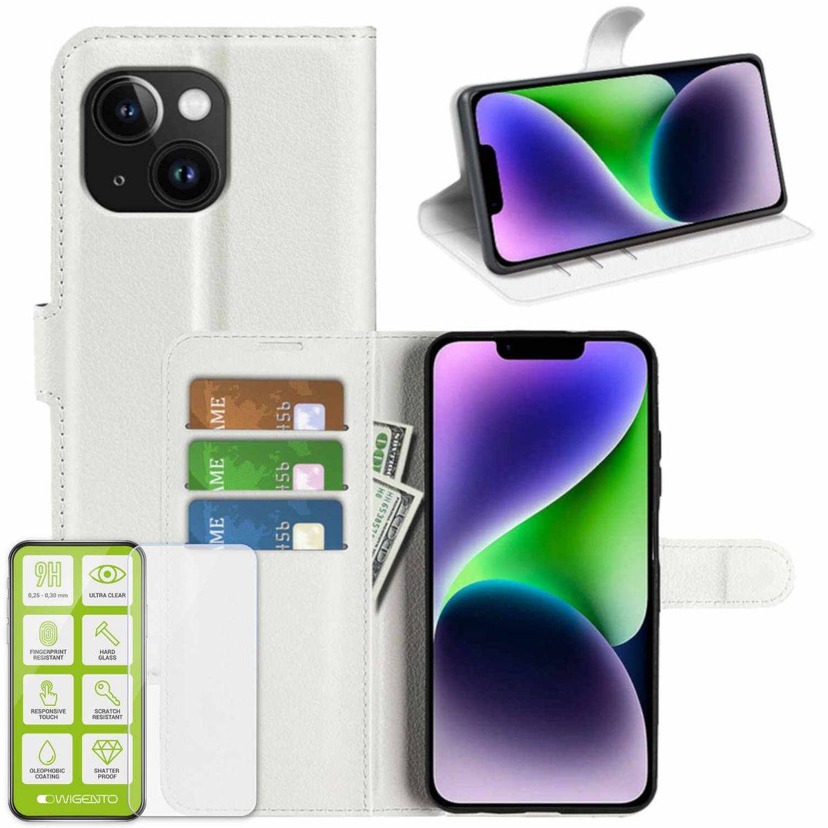 Für Apple iPhone 15 Plus Handy Tasche Weiß Etuis Kunst-Leder Hülle Case + H9 Hart Glas-0