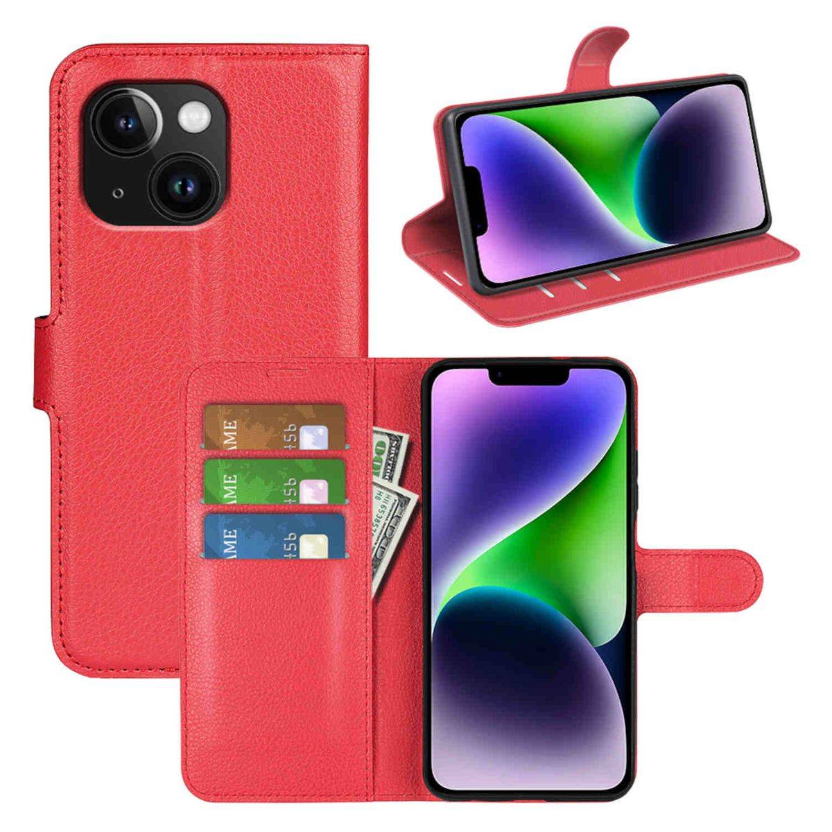 Für Apple iPhone 15 Plus Smart Handy Tasche Rot Etuis Kunst-Leder Hülle Cover Case Book-0