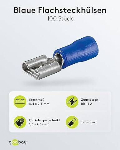 Goobay 17004 Flachsteckhülsen Steckmaß 6,4 x 0,8mm / 15A Steckverbinder Flachstecker 2,5 mm² / Kabelschuh Blau 100er Set-1