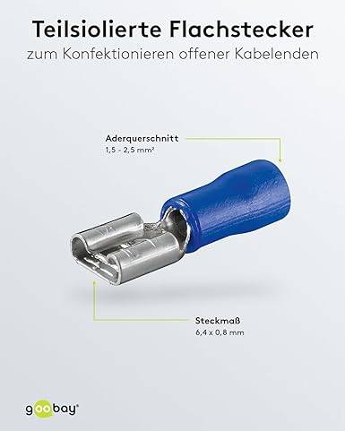Goobay 17004 Flachsteckhülsen Steckmaß 6,4 x 0,8mm / 15A Steckverbinder Flachstecker 2,5 mm² / Kabelschuh Blau 100er Set-2
