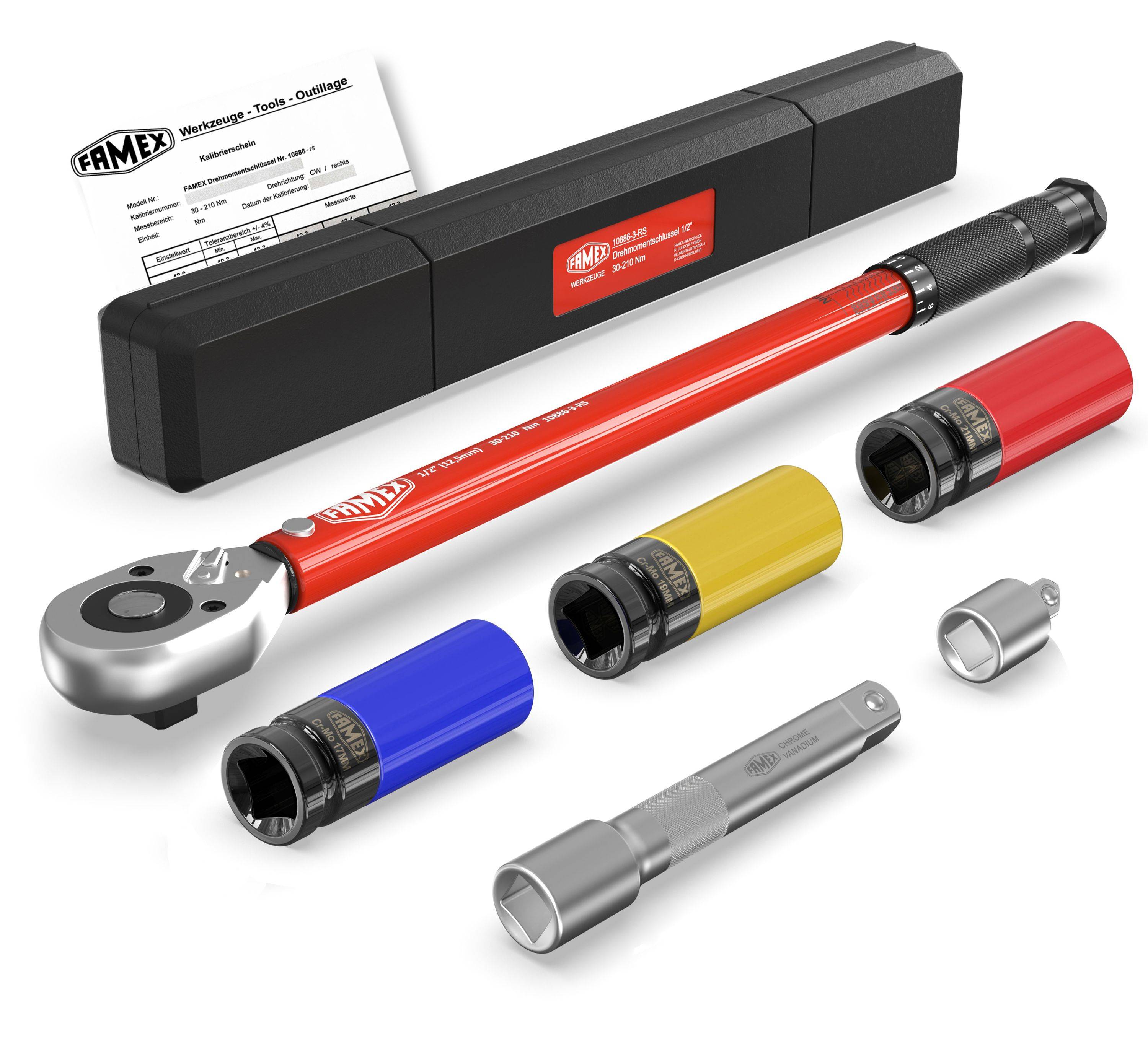 FAMEX 10886-3-RS-KS Drehmomentschlüssel Set 1/2 Zoll (12,5mm) 30-210 Nm - mit Spezial-Einsätze für Radschrauben-0