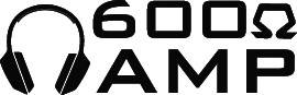 Das Bild zeigt ein Logo mit einem Kopfhörer-Symbol und dem Text '600 Ω AMP', was auf Audio-Verstärker mit 600 Ohm Impedanz hinweist.