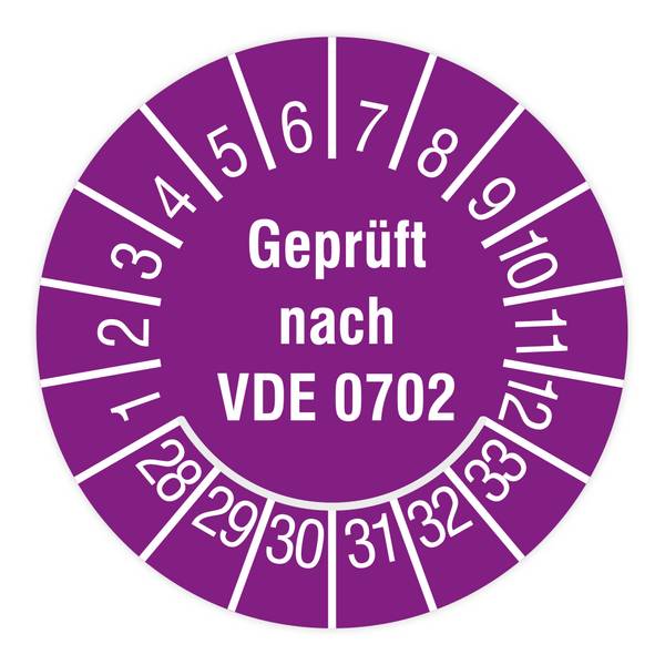 Prüfplakette, Geprüft nach VDE 0702, 2028 - 2033, Dokumentenfolie, Ø 15 mm, Heft