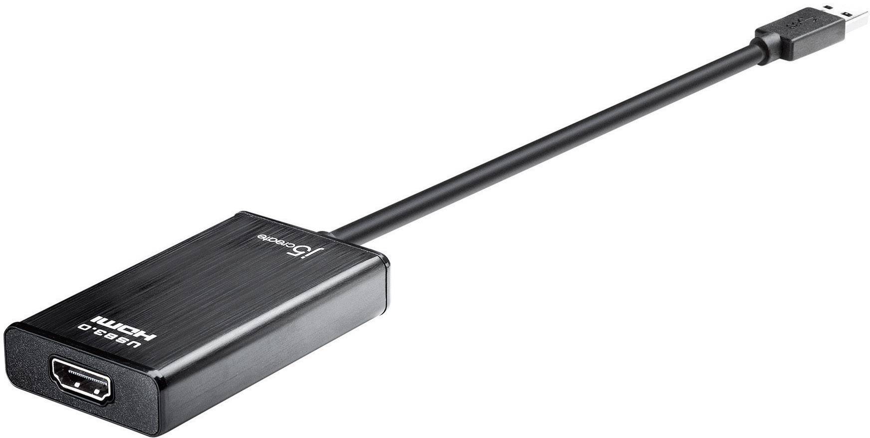 Ein schwarzer HDMI-auf-USB-C-Adapter mit einem Kabel verbindet HDMI-Geräte mit USB-C-fähigen Geräten.