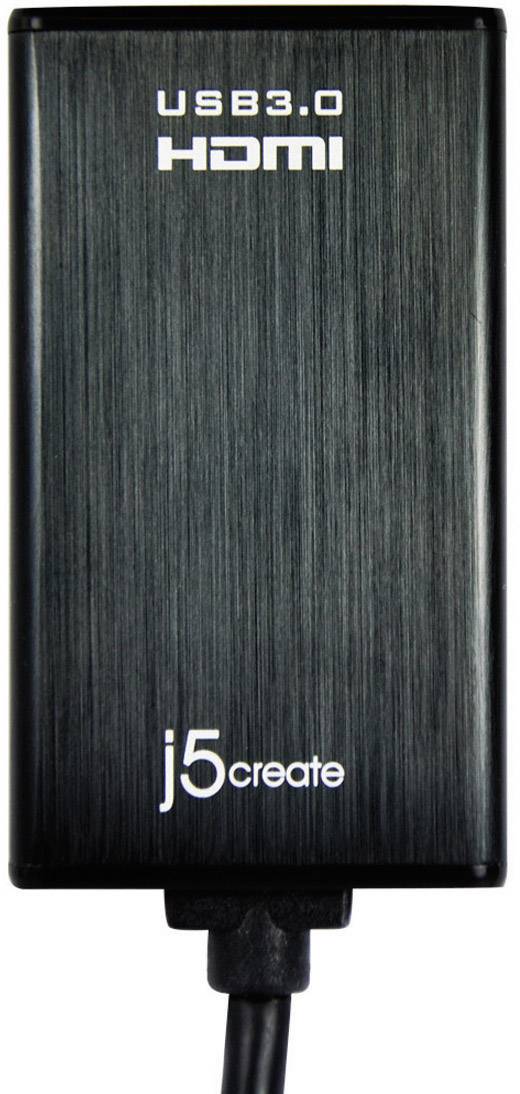 Schwarzer USB 3.0 zu HDMI Adapter von 'j5create'. Gerät ermöglicht Verbindung eines Computers zu einem HDMI-Display für Videoübertragung.
