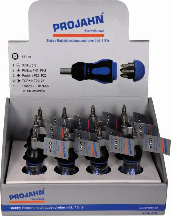 Projahn Display 12x Stubby-Ratschenschraubendreher magnetisch 6,3 (1/4") und 7 Bits