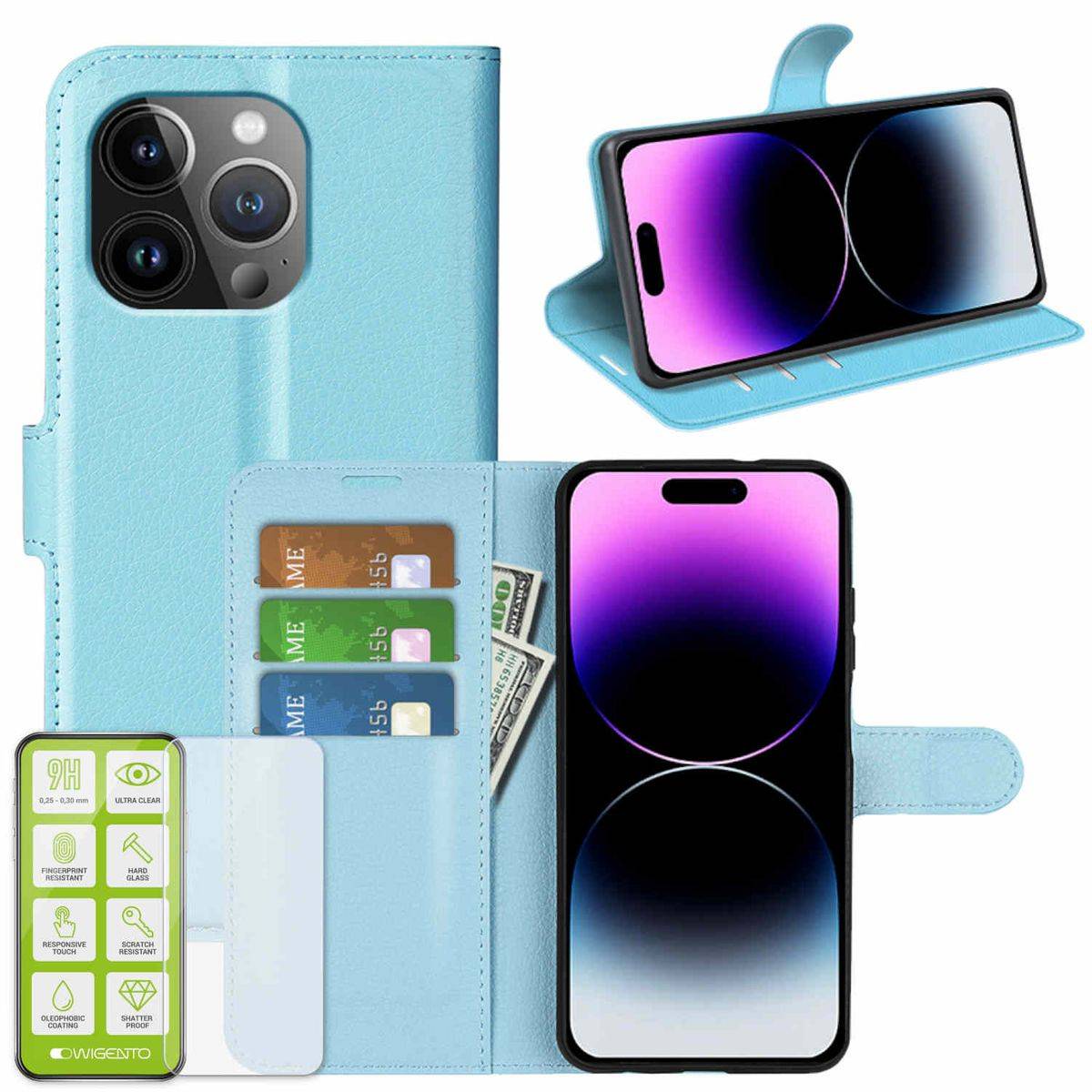 Für Apple iPhone 15 Pro Max Handy Tasche Hellblau Etuis Kunst-Leder Hülle Case + H9 Hart Glas-0