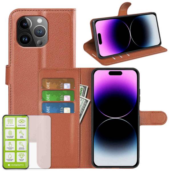 Für Apple iPhone 15 Pro Max Handy Tasche Braun Etuis Kunst-Leder Hülle Case + H9 Hart Glas