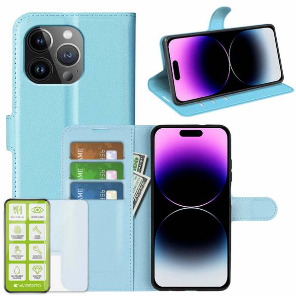 Für Apple iPhone 15 Pro Max Handy Tasche Hellblau Etuis Kunst-Leder Hülle Case + H9 Hart Glas