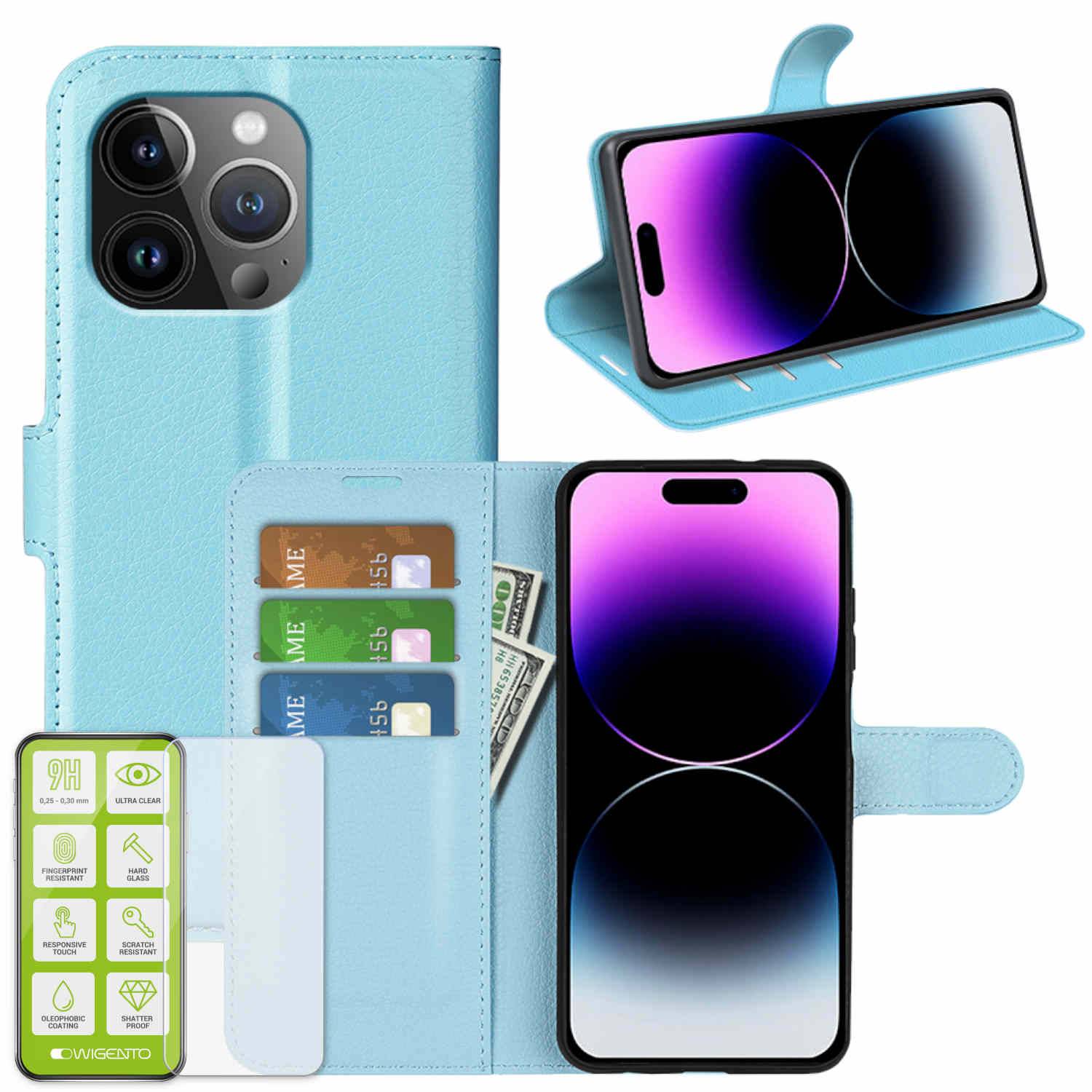 Für Apple iPhone 15 Pro Max Handy Tasche Hellblau Etuis Kunst-Leder Hülle Case + H9 Hart Glas-0