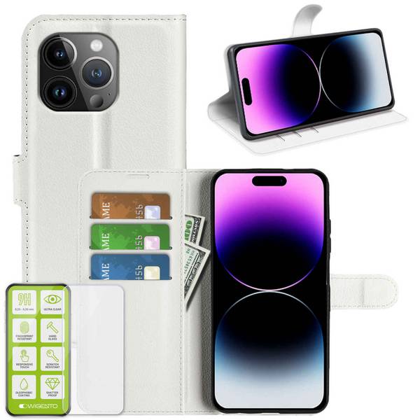Für Apple iPhone 15 Pro Max Handy Tasche Weiß Etuis Kunst-Leder Hülle Case + H9 Hart Glas
