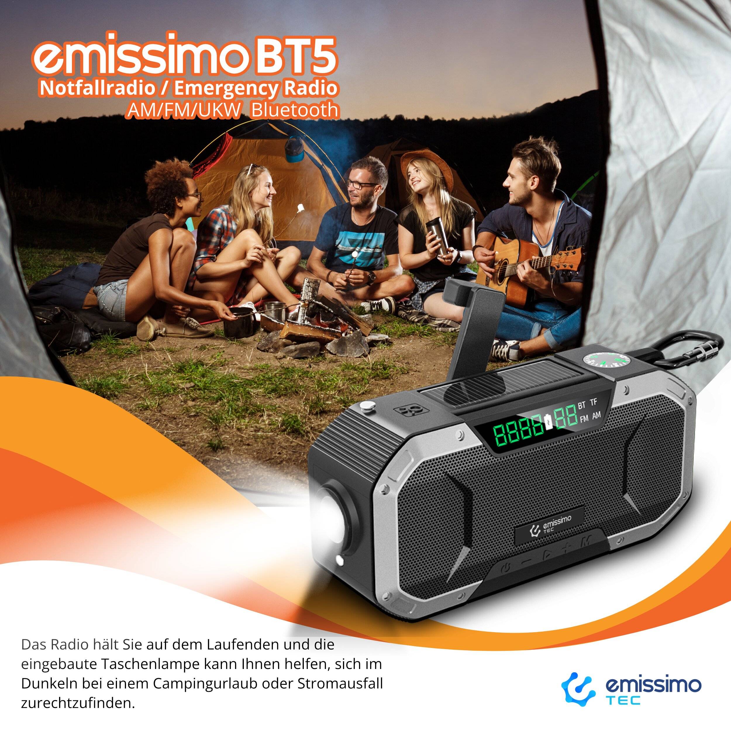 emissimo Notfallradio BT5 Kurbellradio AM/FM/UKW Bluetooth - Powerbank Rot-1