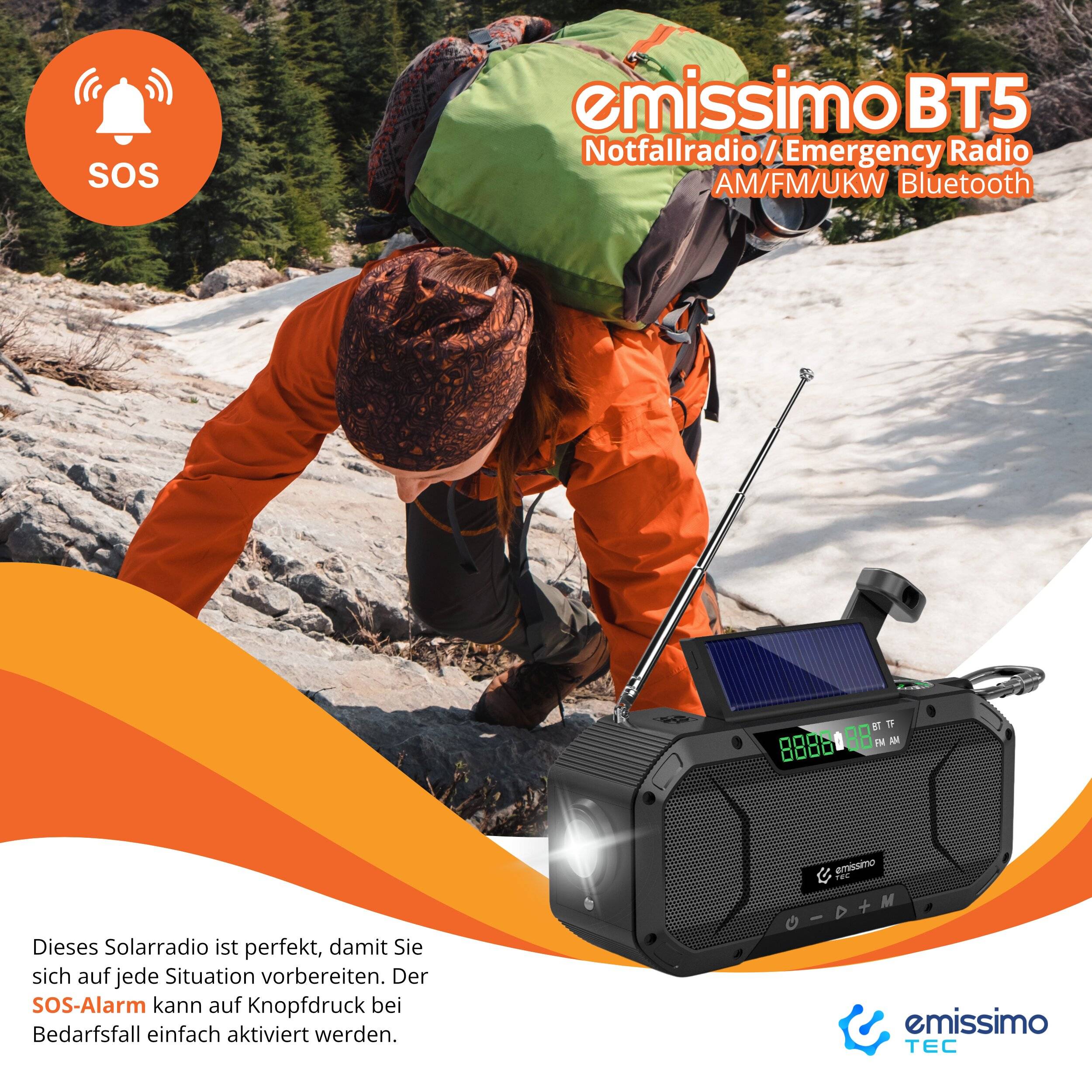 emissimo Notfallradio BT5 Kurbellradio AM/FM/UKW Bluetooth - Powerbank Rot-2