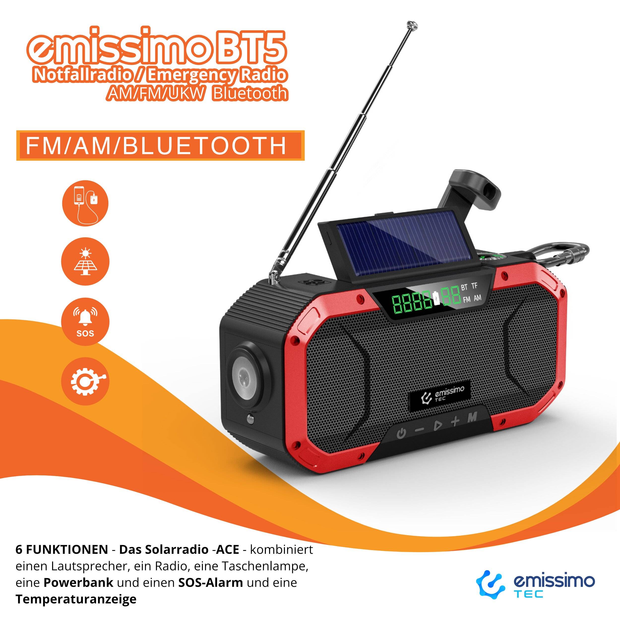 emissimo Notfallradio BT5 Kurbellradio AM/FM/UKW Bluetooth - Powerbank Rot-3