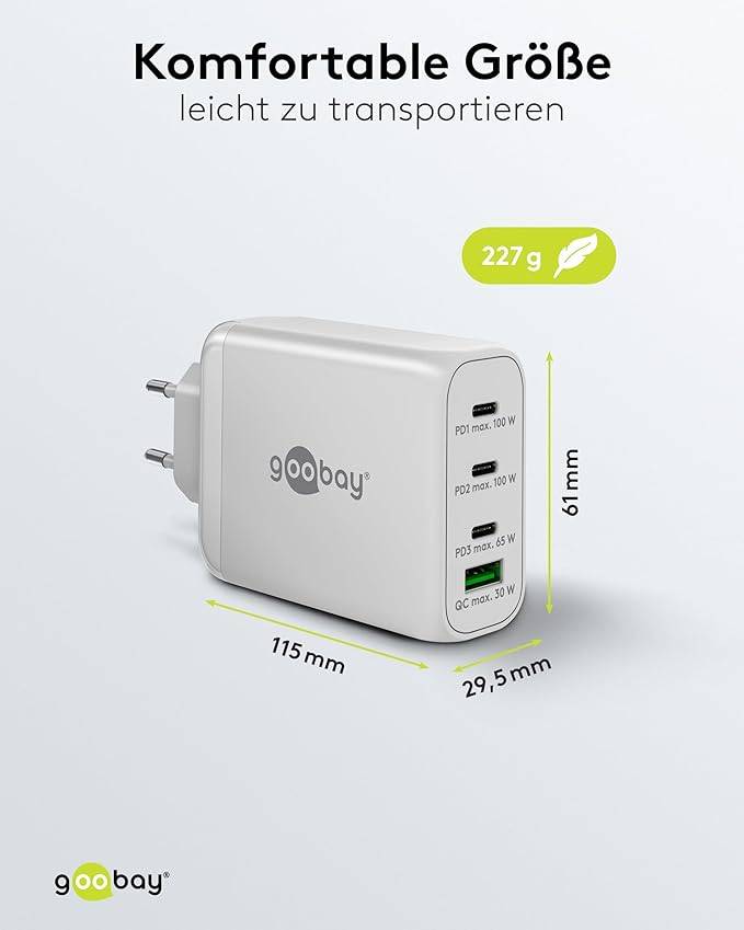 Goobay 65556 USB Netzteil 100W Charger PD & QC, 4 Port Universal Ladegerät, USB-C & USB-A Mini GaN Adapter, Weiß-2