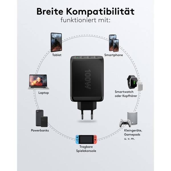Goobay USB Netzteil 100W Charger PD & QC, 4 Port Universal Ladegerät, USB-C USB-A Mini GaN Adapter, Schwarz-6