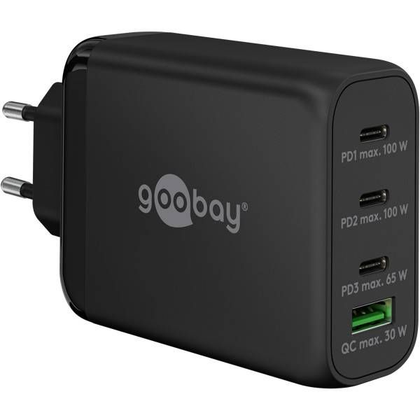 Goobay USB Netzteil 100W Charger PD & QC, 4 Port Universal Ladegerät, USB-C USB-A Mini GaN Adapter, Schwarz-0
