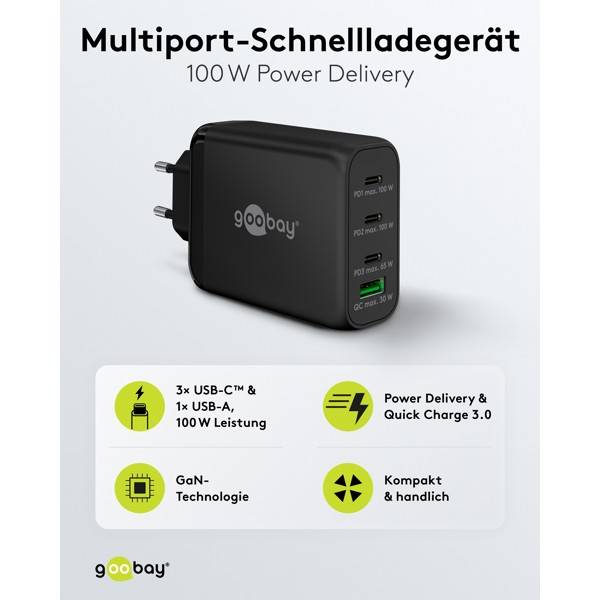 Goobay USB Netzteil 100W Charger PD & QC, 4 Port Universal Ladegerät, USB-C USB-A Mini GaN Adapter, Schwarz-1
