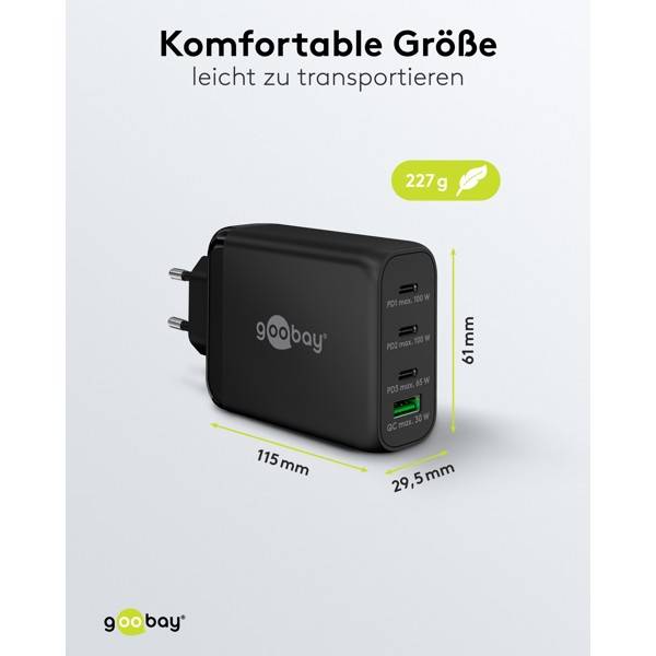 Goobay USB Netzteil 100W Charger PD & QC, 4 Port Universal Ladegerät, USB-C USB-A Mini GaN Adapter, Schwarz-2